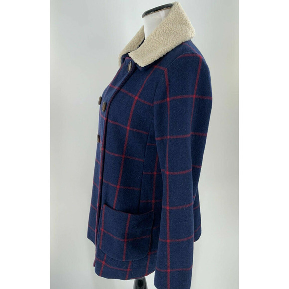 Old Navy Jacket Womens Small Peacoat Buttons Double Breasted Navy Red Plaid Coat - Picture 2 of 9